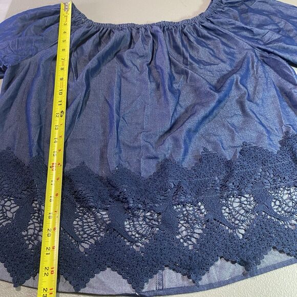 UNIQUE SPECTRUM Blouse Lace Trim 3/4 Sleeve Off Shoulder Gypsy Womens 1X Blue - Picture 5 of 9